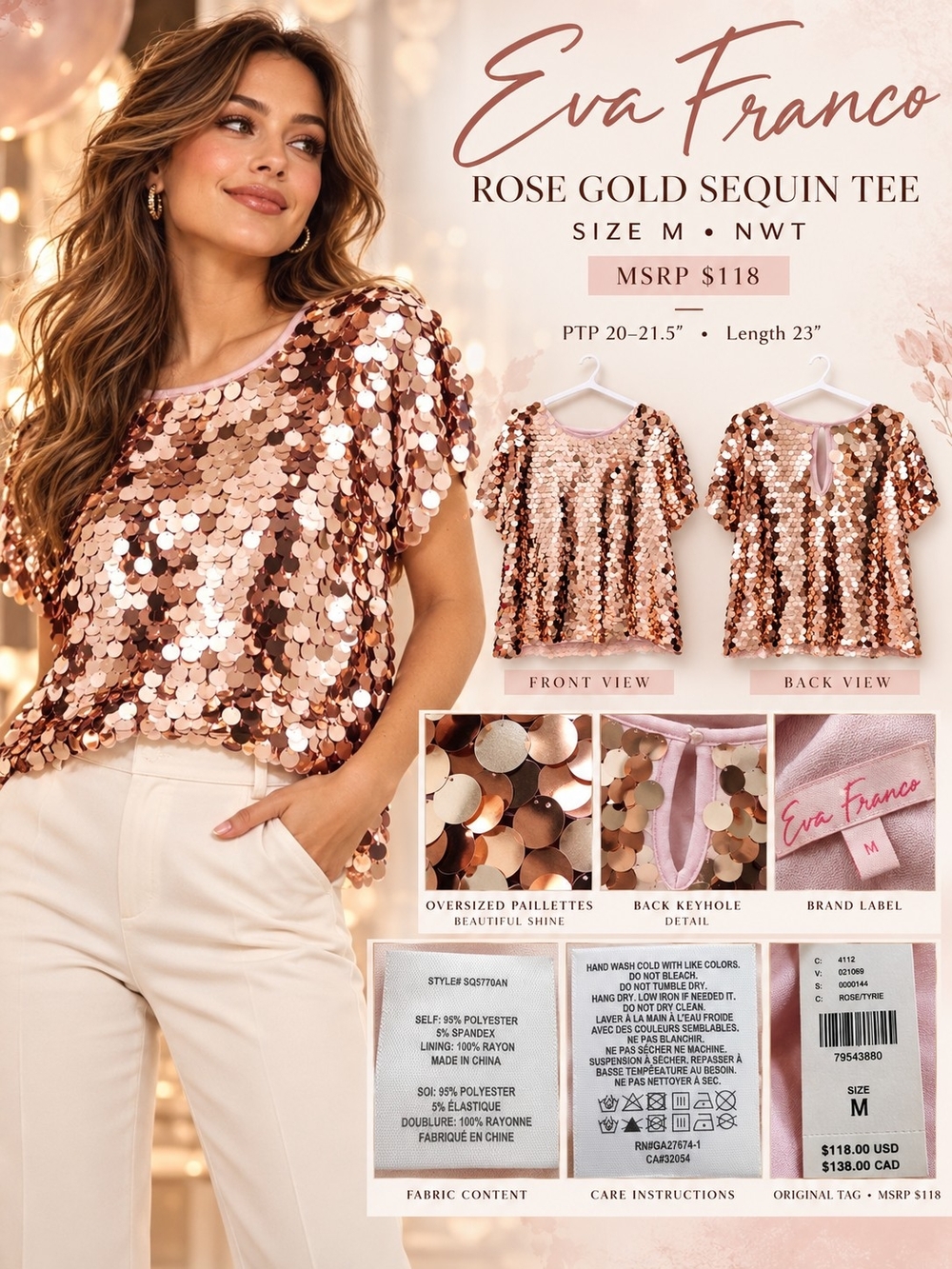 Eva Franco Rose Gold Sequin Paillette Tee Top Size M NWT MSRP $118